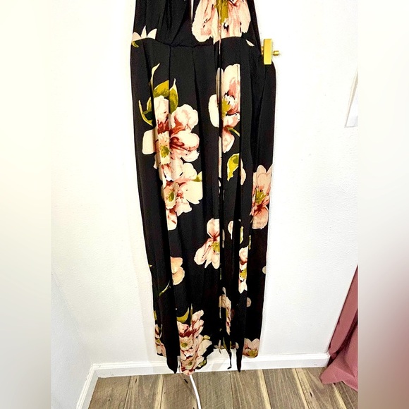 Boho Floral Halter Maxi Dress Small Black Pink Tie Back Lightweight Vacation - Picture 5 of 12